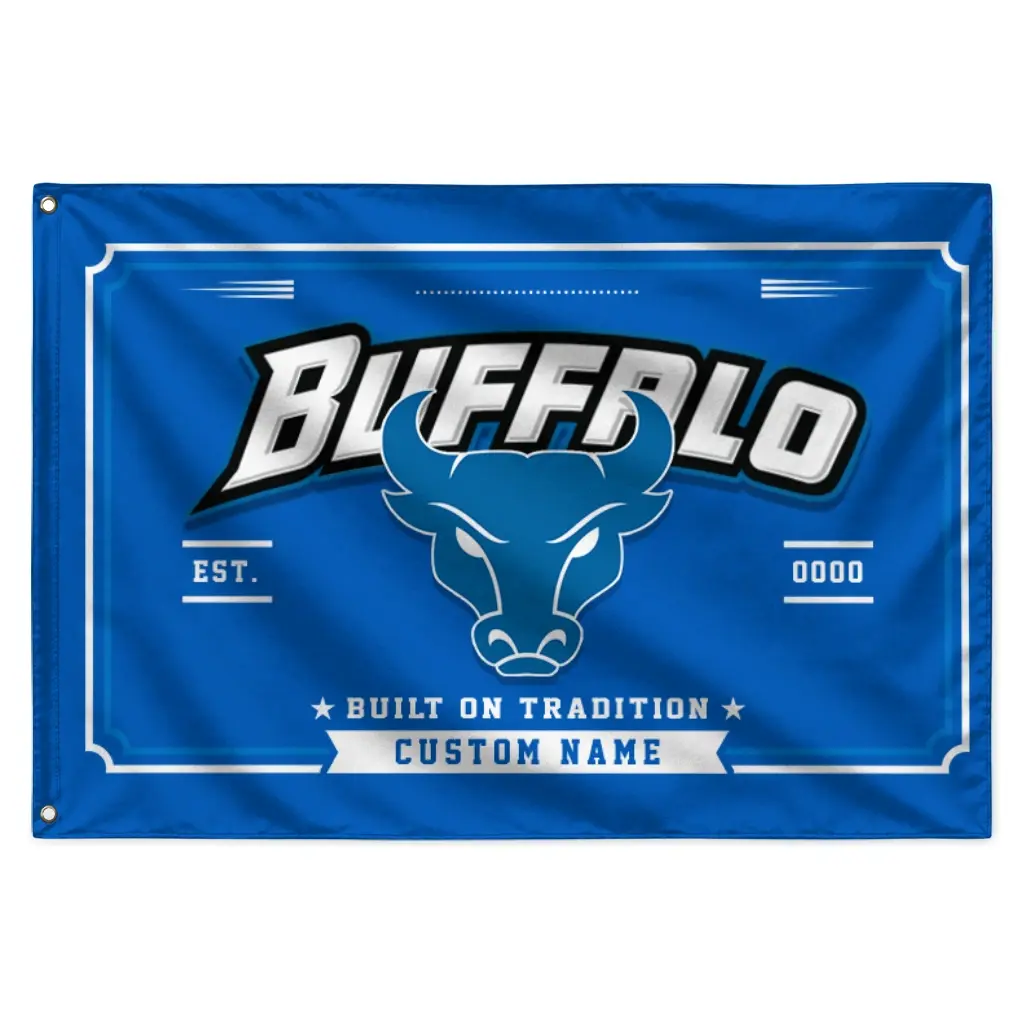 Buffalo Bulls House Flag Customized Ornate Border Royal Blue Best Selling Buffalo Bulls House Flag Customized Ornate Border Royal Blue Best Selling