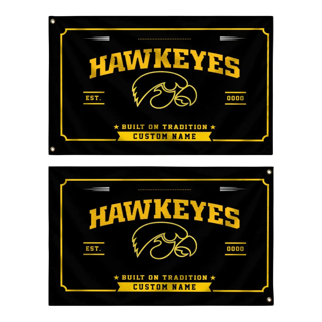 Iowa Hawkeyes House Flag Custom Ornate Border Black Fashion Forward Iowa Hawkeyes House Flag Custom Ornate Border Black Fashion Forward