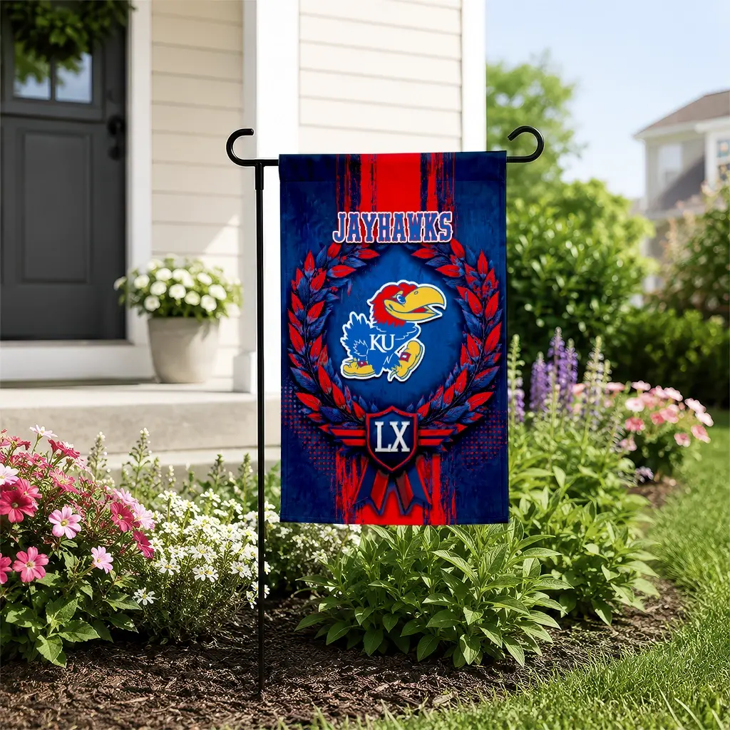 Kansas Jayhawks Garden Flag Custom Laurel Wreath Blue New Arrival Kansas Jayhawks Garden Flag Custom Laurel Wreath Blue New Arrival
