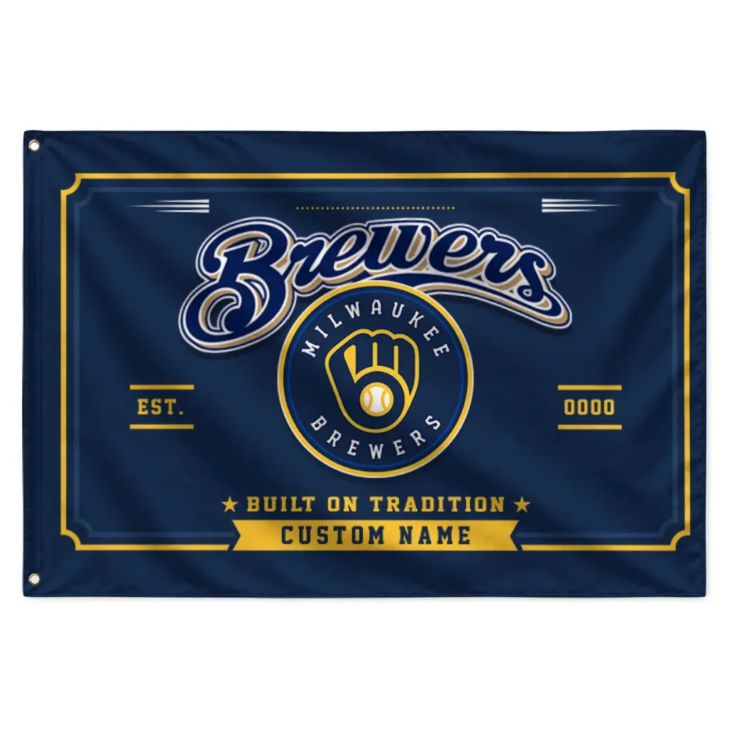 Milwaukee Brewers House Flag Personalized Ornate Border Navy Blue Best Selling Milwaukee Brewers House Flag Personalized Ornate Border Navy Blue Best Selling