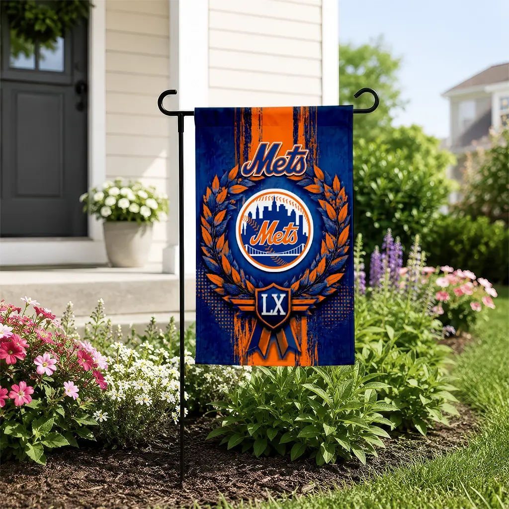 New York Mets Garden Flag Custom Laurel Wreath Blue New Arrival New York Mets Garden Flag Custom Laurel Wreath Blue New Arrival