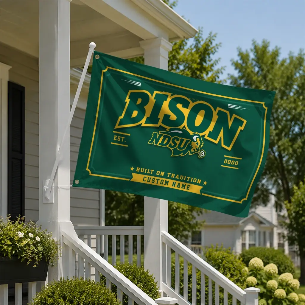 North Dakota State Bison House Flag Customized Ornate Border Green New Arrival North Dakota State Bison House Flag Customized Ornate Border Green New Arrival