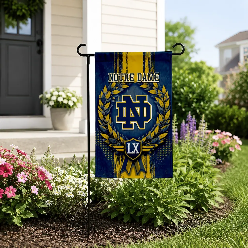 Notre Dame Fighting Irish Garden Flag Custom Laurel Wreath Navy New Arrival Notre Dame Fighting Irish Garden Flag Custom Laurel Wreath Navy New Arrival