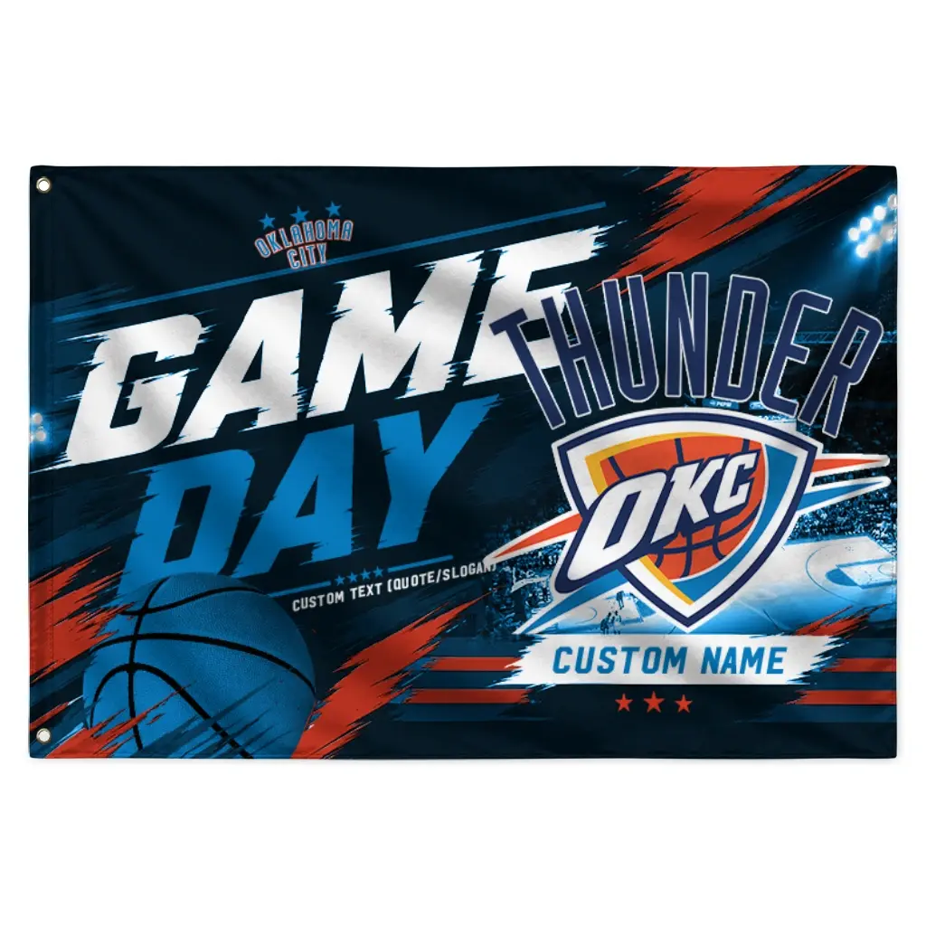 Oklahoma City Thunder House Flag Customized Energy Brushstrokes Blue Best Selling Oklahoma City Thunder House Flag Customized Energy Brushstrokes Blue Best Selling