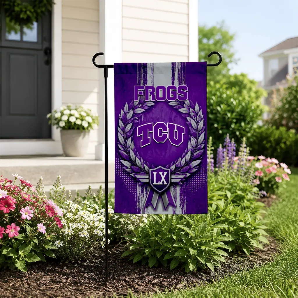 Tcu Horned Frogs Garden Flag Customized Laurel Wreath Purple New Arrival Tcu Horned Frogs Garden Flag Customized Laurel Wreath Purple New Arrival