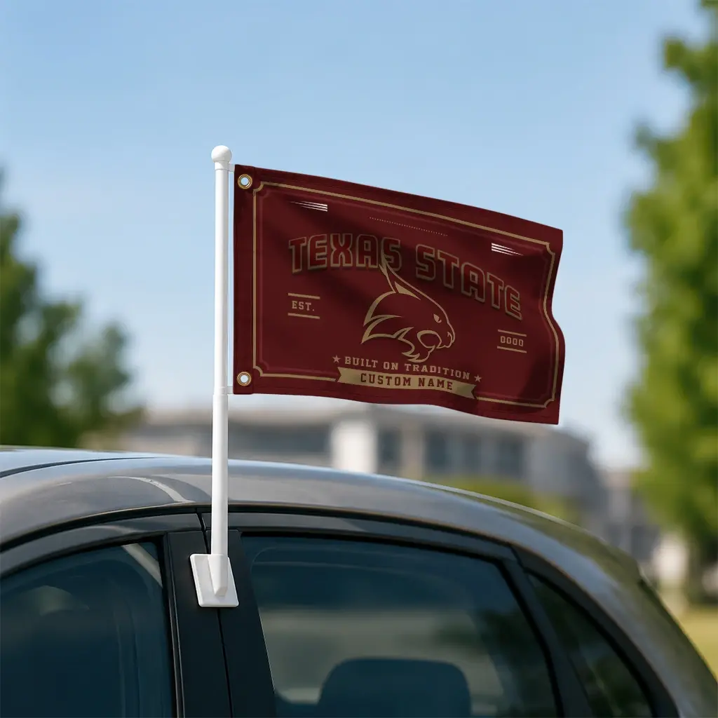 Texas State Bobcats House Flag Customized Ornate Border Maroon Latest Model Texas State Bobcats House Flag Customized Ornate Border Maroon Latest Model