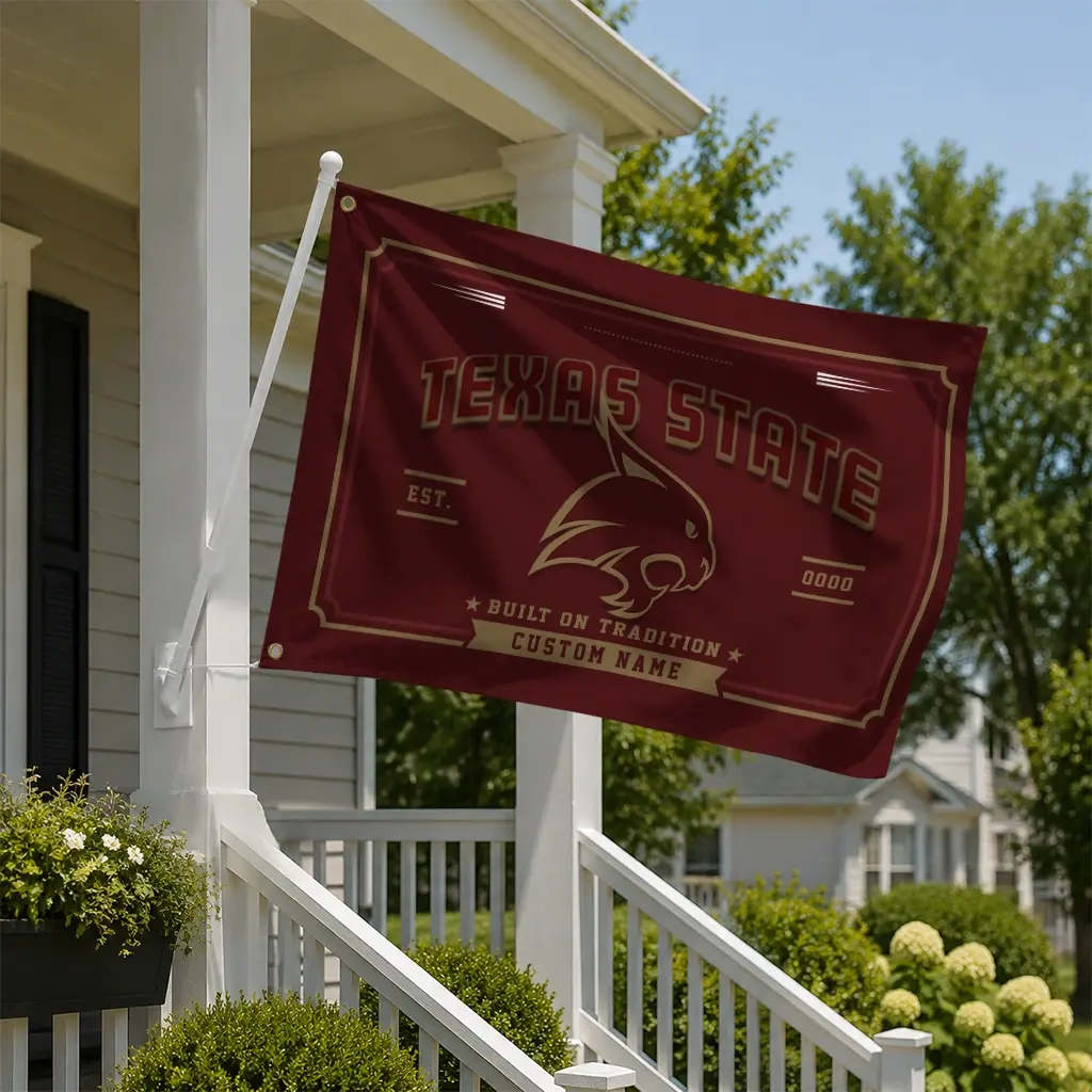 Texas State Bobcats House Flag Customized Ornate Border Maroon New Arrival Texas State Bobcats House Flag Customized Ornate Border Maroon New Arrival